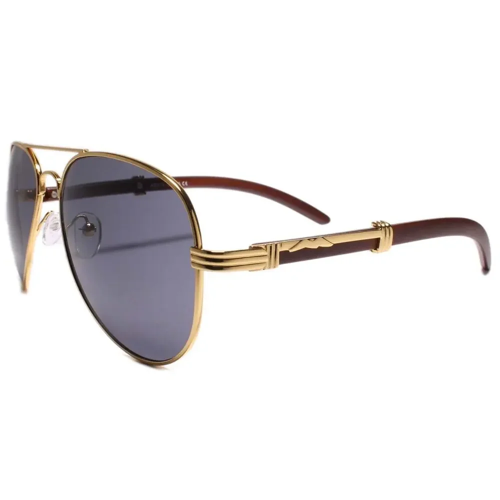 Mens Classy Elegant Retro 80s 90s Style Sunglasses Large Gold & Faux Wood Frame
